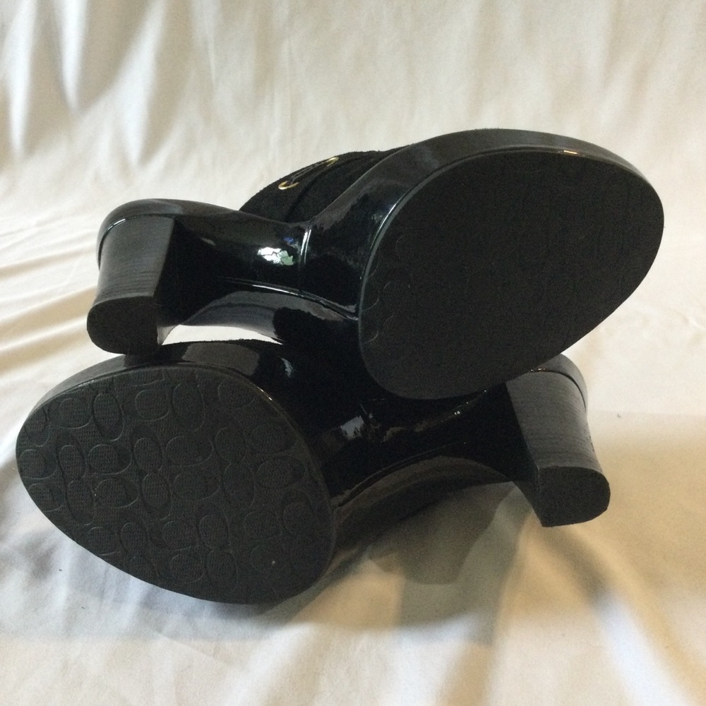 Coach Black Suede Platform Mule Heels with Gold Accent - Picture 6 of 7